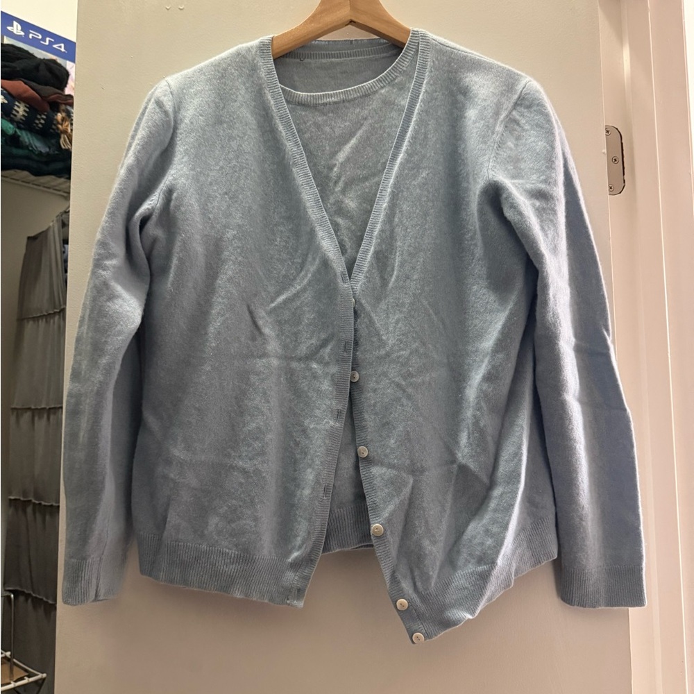 2-Piece 100% Cashmere Baby Blue Cardigan and Short Sleeve Top